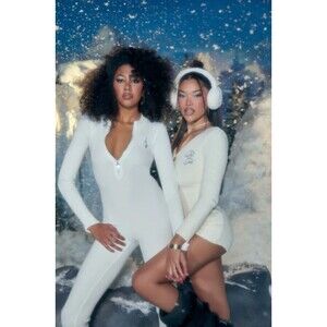 Baby Phat x Forever 21 Winter Fuzzy Lounge Cream Short Romper Womens Size M